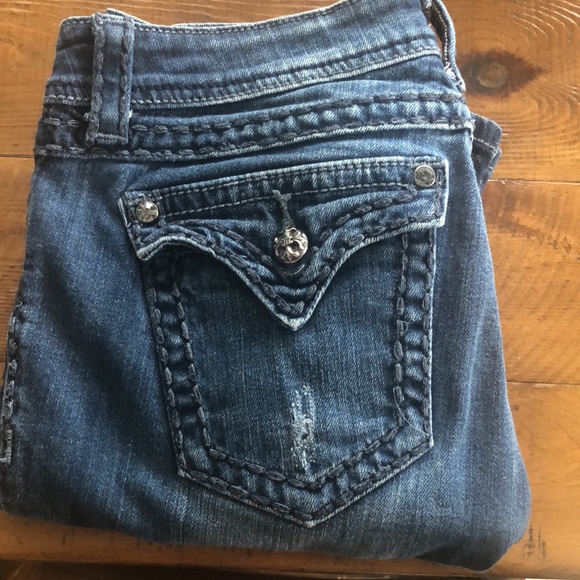 Miss Me Straight Leg Bling Rare Blue Stitch Distressed Jeans - Picture 4 of 8